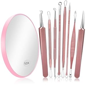 Blackhead Remover Tools, IKOCO 10PCS Stainless Steel Pimple Popper Tool Kit Including a 10X Blackhead Mirror, 8pcs Comedone Extractors and a Leather Bag, Rose Gold