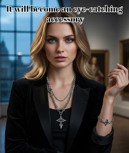 Image of 2-Piece Gothic Jewellery Set, Men Neck Chain with Cross Pendant, Punk Style Double Layer Necklace and Bracelet, Silver Alloy for Dailys Wear and Gift Giving