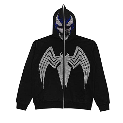 HZCX FASHION Men Gothic Skeleton Hoodies Rhinestone Sweatshirt Full Zip Over Face(1 Spider,X-Large)