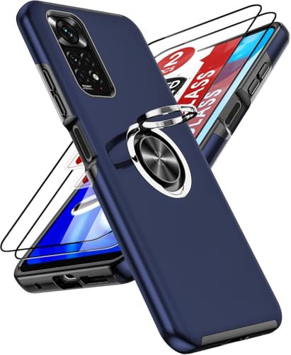 LeYi Hülle für Xiaomi Redmi Note 11/Note 11S 4G Kameraschutz Handyhülle & 2*Hartglas Folie Hybrid Schutzhülle Militär Standard Stoßfest Case Handy Hüllen Cover mit Metall Ring Ständer Halter Blau