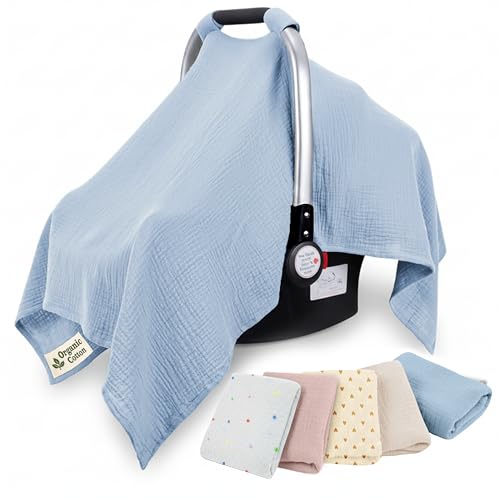 infancie 100% Organic Muslin Cotton Car Seat Cover 35 x 50 Inches Soft Touch Breathable Canopy, Protective Car Seat Cover Baby All Seasons Lightweight Car Seat Cover Travel Comfort (Blue)
