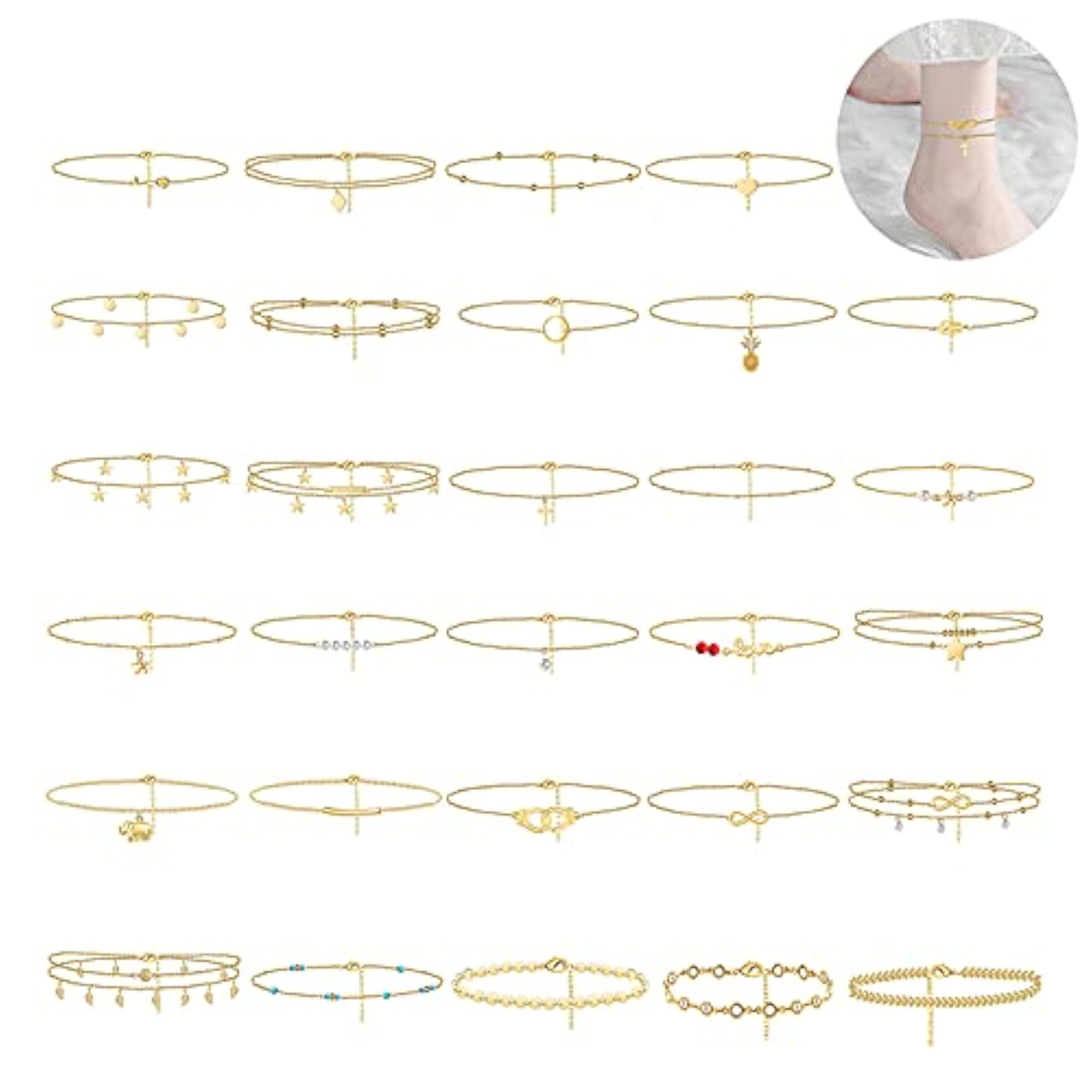 30pcs Adjustable Alloy Charm Ankle Bracelets Set