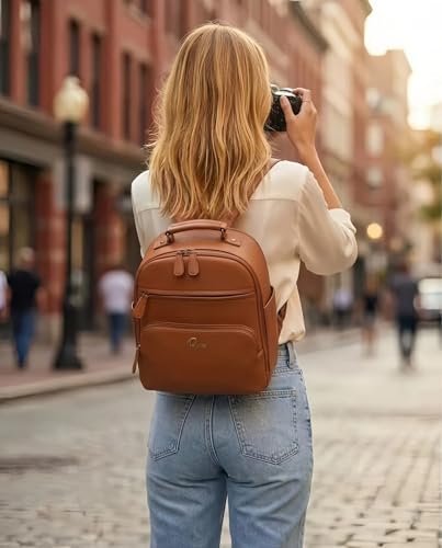 Mochila para cámara de cuero PU clásica 10L marrón miniatura 2