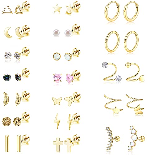 Stainless Steel Earrings,Staligue 19 Pairs Flat Back Earrings and Cartilage Hoop Earring for Women Hypoallergenic Flat Back Stud Earrings Heart Opal Star Moon 20g Tiny Screw Back Cartilage Earring -  Staligue 19P -1457