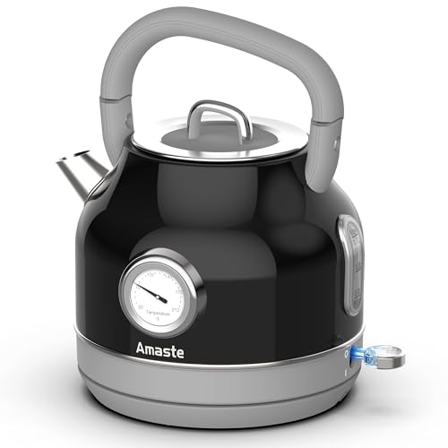 Amaste Electric Kettle, Retro Electric Tea Kettle With Thermometer, 57 Oz Hot Water Kettle For Coffee & Tea, 304 Stainless Steel, 1500w Fast Boiling, Auto Shut-Off & Boil Dry Protection, Black