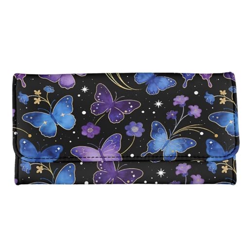 Image of AFPANQZ Purple Blue Butterfly Women's PU Leather Three Fold Wallet, Long Trifold Clutch Purse, Credit Card Money Organizer with ID Window