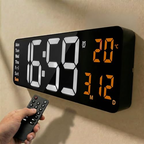 Image of Opis Technology Clock 1 XXL White&Orange (41cm) Digital Wall Clock with Remote Control - Large LED Display with Temperature, Date, Timer & 2 Alarms - Power Adapter Included