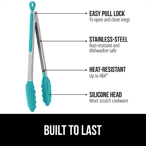 Image of GORILLA GRIP Stainless Steel BPA-Free Kitchen Tongs for Cooking, Heat Resistant BBQ Tong Set of 2, Non Scratch Silicone Tip for Pan, Strong Grip, Grab Food, Toss Salad, Pull Lock, 7+9 Inch, Turquoise