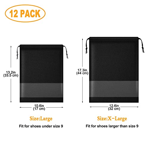 Spikg Shoe Bags For Travel, 12 Pcs Portable Travel Shoe Bags For Packing, Shoe Organizer, Clear Drawstring Bags Non-Woven Fabric, Travel Shoe Bags For Women And Men (6 Xl & 6 L) - Black #TOP1