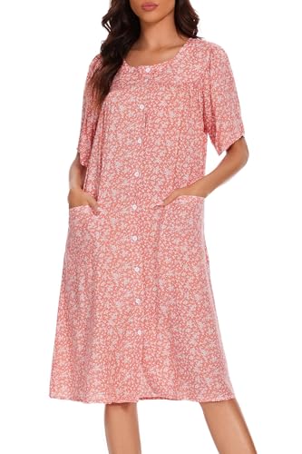 Image of COSUNIONY House Dresses for Women Cotton Short Sleeve House Coat Buttons Down Dusters Robe with Pockets S-XXL