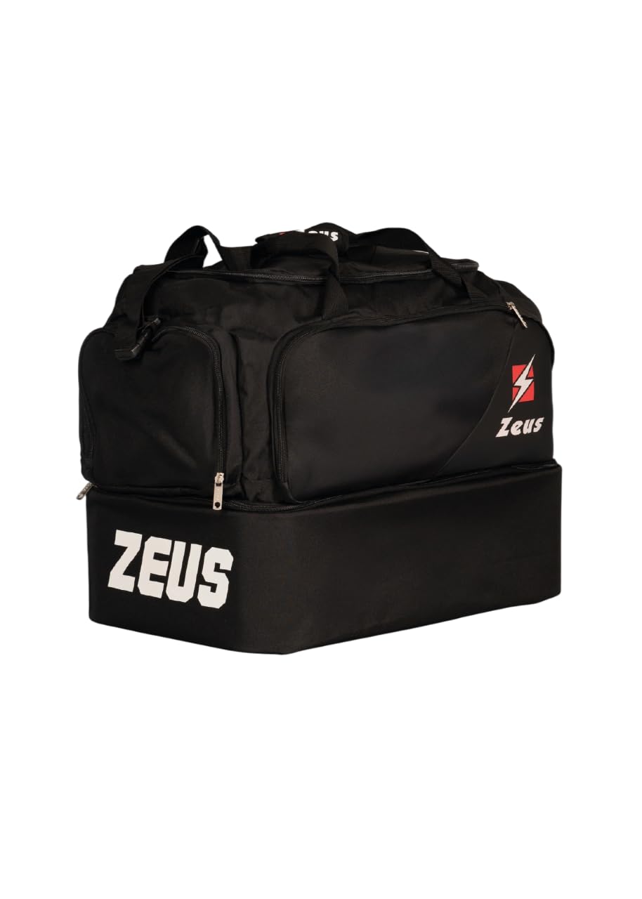 Borsa Voluntas per Zeus Sport Materiale Sportivo Relax Allenamento Fitness Palestra Borsone Borse Borsoni Tascone Frontale Laterale Calcio Calcetto Fondo Rigido (Nero/Nero, H 43 x L 54 x P 30 cm)