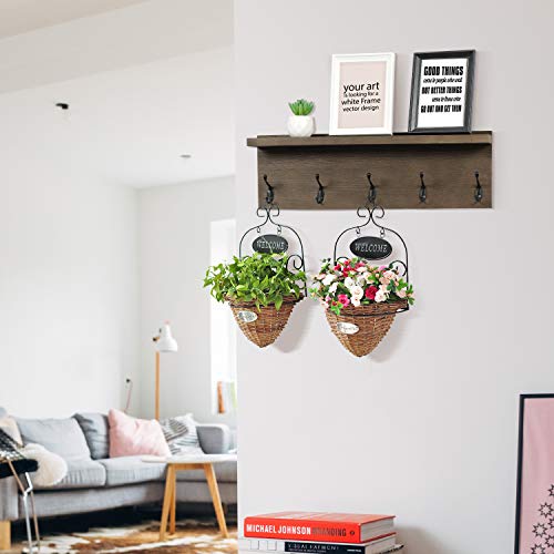OROPY Rustic Entryway Coat Hooks with Storage Shelf 23.6" Length, Solid Wood Wall Mounted Clothes Rack with 5 Hooks and Display Shelf for Hallway, Bathroom, Living Room, Bedroom, Kitchen, Walnut Color - Thumbnail 2