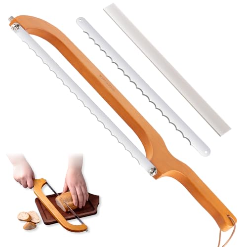 XJHEYLZ Sourdough bread knife,Bread Slicer for Homemade Bread,Adjustable blade tightness for Even Slicing, Serrated knife,Wooden Bread cutter with Bow Design (3, Natural Wood)