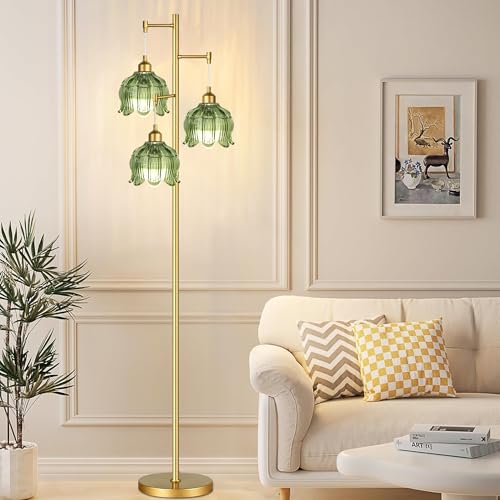 Image of ZECOXOL Vintage Floor Lamps for Living Room Bedroom-3 Light Glass Floor Lamp with Three Led Bulb, Modern Mid Century Standing Lamp Brass Tall Lamp Gold Tree Floor Lamp for Bedroom Corner