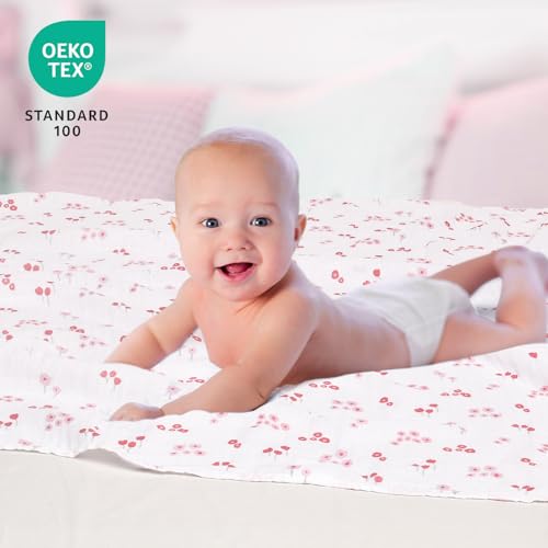 Image of david's kids 4 Pack Baby Muslin Swaddle Blankets, 100% Cotton and Ultra Soft Breathable Receiving Blanket Wrap for Girls, New Born Essentials, Large 47 x 47 inches, Floral Flowers /Pink