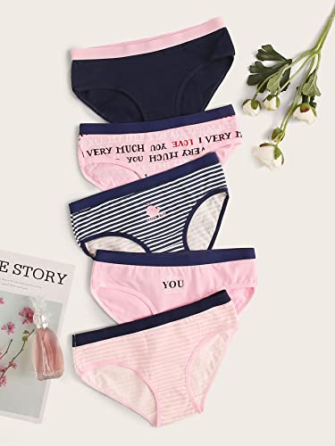 Wdirara Women's Panty Set 5 Pack Cartoon Letter Print Striped Brief Underwear Set Multicolored Pink M #TOP3