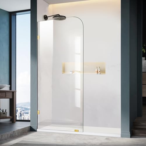 Frameless Shower Door, 36" W ×78" H Fixed Shower Glass Panel with Clamps, 3/8" (10mm) Glass Shower Doors, Clear Tempered Bathroom Shower Screen in Brushed Gold