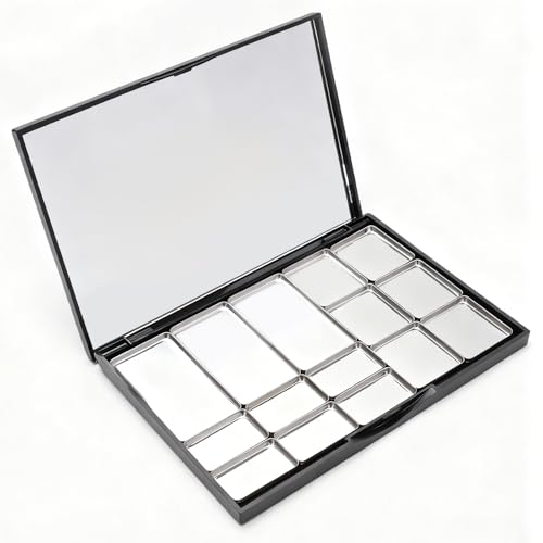 DIY Magnetic Palette with Mirror, for Eyeshadow Lipstick Powder Highlighter Storage, with 12 Pieces of Round Metal Pans (Black - with Mirror, 15x10cm - With 15pcs Small Pans in 3 Sizes)