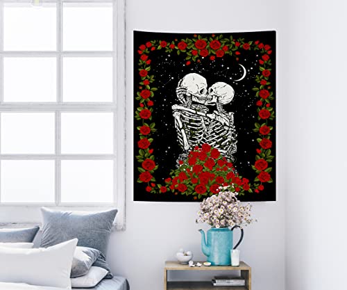 Jhdstore Rose Skull Tapestry Skull Love Kiss Tapestry Small Skeleton Kissing Lovers Tapestry Wall Hanging Black And White Skeleton Moon Stars Tapestry Skull Flower Tapestry For Bedroom Dorm 51” X 59” #TOP4