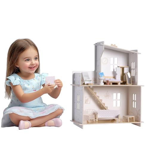 Navaris Casa de Muñecas de Madera - Casita de Muñecas con 12x Muebles Casa de Muñecas - Casa Muñecas Madera para Niños y Niñas +3 años - Casa Muñecas de 57 x 45 x 22,5 cm