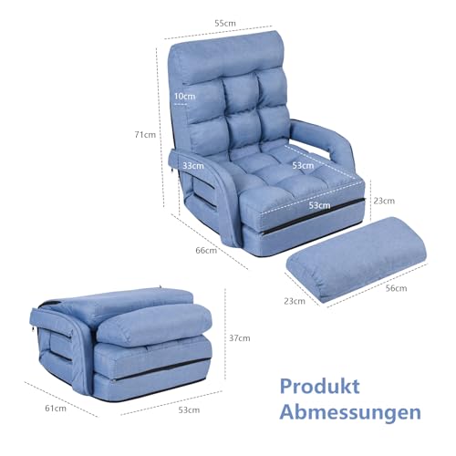 COSTWAY Bodenstuhl mit Schlaffunktion, Bodensofa mit Verstellbarer Rückenlehne, gepolstertes Klappsofa mit Armlehnen und Kissen, Bodensessel, Bodenstuhlsofa für Zuhause und Büro (Blau) – Bild 4