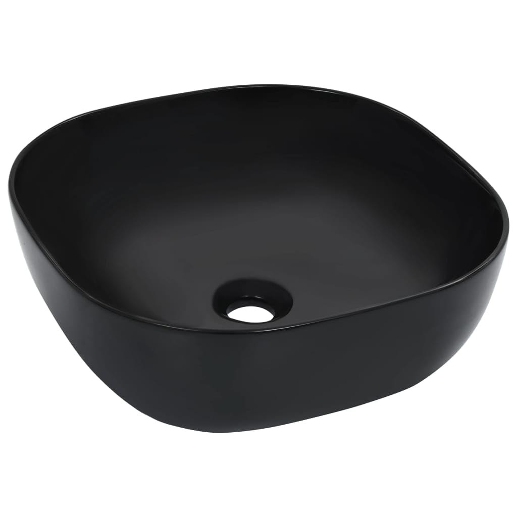 Lavabo da 42,5 x 42,5 x 14,5 cm, in ceramica, nero, per bagno e bagno degli ospiti, lavello quadrato salvaspazio, facile da pulire, lavabo da appoggio adatto per ristrutturazione