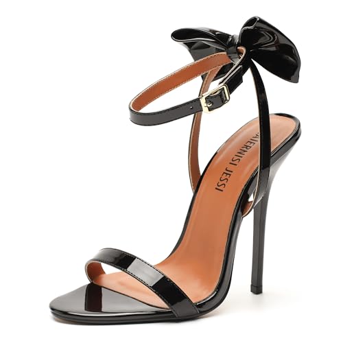 MAIERNISI JESSI Unisex Men's Women's Bow Stiletto Sandals, Ankle Strap Heels, Slingback 5.1 Inch High Heel Black EU45 - size 13 Women/11.5 Men