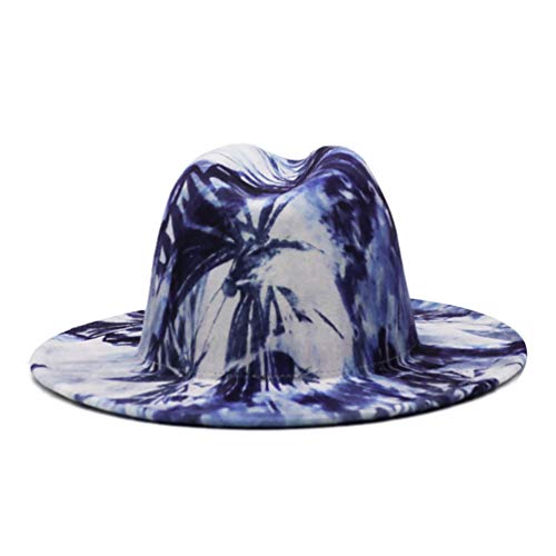 Osotwbo Fashion Printed Jazz Hat For Men And Women,Tie-Dye Flat Brim Hat Fedora Hat Imitation Wool Felt Cap Blue #TOP3