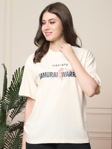 Image of Fabflee Oversized Cotton Baggy Drop Shoulder Graphic Tee with Half Sleeves | Korean Casual Loose T-Shirt for Women