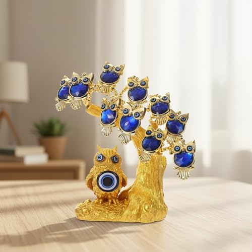 Image of eCraftIndia Tree of Life with Owl Evil Eye Tree Showpiece (Blue) Feng Shui Items for Good Luck Positive Energy Vastu Shelf Living Room Home Decor Gift for Housewarming