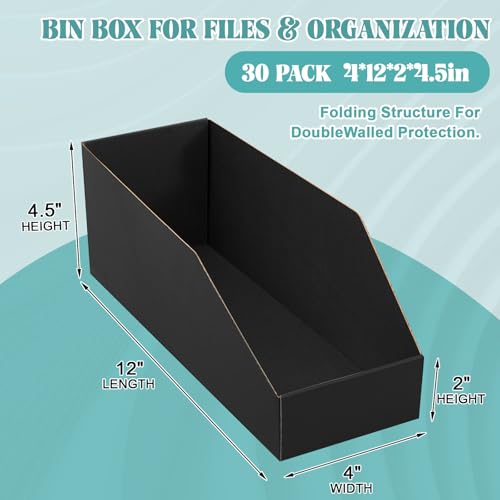 Image of Fuyoooo 30 Pack 12 x 4 x 4. 5 Inches Cardboard Storage Bins Open Top Bin Boxes Black Corrugated Shelf Organizer Bins for Pantry, Parts, Garage, Snacks, Bottles, Cans or Warehouse Home Cubby