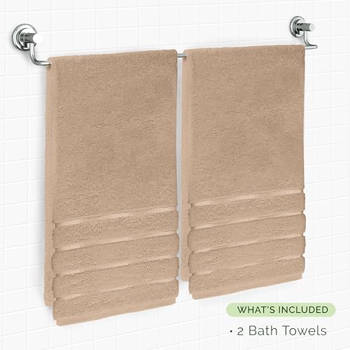 Image of Elegant Comfort 100% Turkish Cotton 4 Lines Viscose Stripe Luxury 2 Pack Bath Towel Set 27 x 54 Inch - Super Soft and Highly Absorbent Premium Hotel Spa Quality Towels for Bathroom Use, Taupe