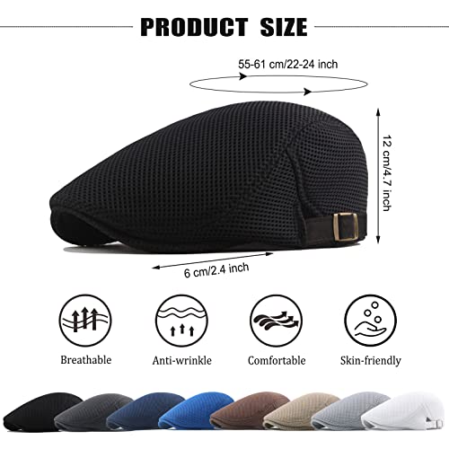 Regilt 5 Pack Mens Newsboy Hats Mesh Breathable Flat Cap Adjustable Summer Ivy Gatsby Cabbie Driving Hunting Hat (#5 Black) #TOP1
