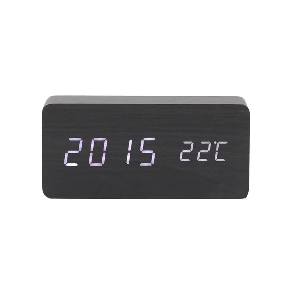 HRWLY LED Wooden Alarm Clock Watch Table Digital Thermometer Wood Electronic Desktop USB/AAA Powered Clocks Decor(Svart)