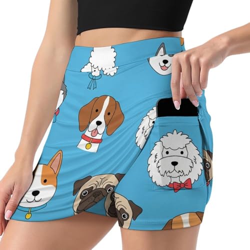 Deiubuc Womens Funny Dog Heads Skort Athletic Tennis Golf Skirt with Shorts Underneath Pockets High Waisted Stretchy Mini Skorts 3XL