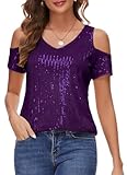 BILIKE JOMEX Womens Sparkly Sequin Top V Neck Cold Shoulder Glitter Short Sleeve Dressy Party Blouse Shirts Purple L