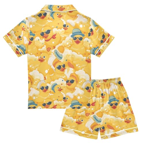 ALAZA Duck Hat Yellow Pajamas Satin Pajama Set Short Sleeve Button Down Sleepwear2