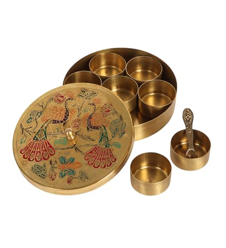 Image of Two Moustaches 6 Inches Twin Peacock Carved Brass Spices Box Set, Brass Masala Box for Kitchen, Housewarming Gifts, 7 Containers & 1 Spoon, Multicolored, Pack of 1