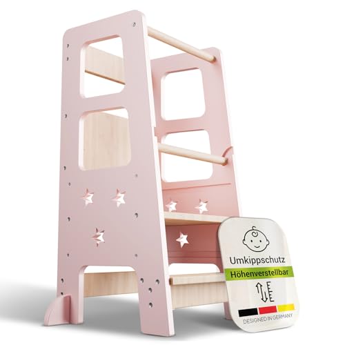 Juskys Lernturm Henny - für Kinder ab 1 Jahr, Stehhilfe, 3-Fach höhenverstellbar, Umkippschutz, Küchenhelfer - Rosa