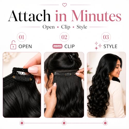 Image of TEMPERIA Hair Extensions for Women - 5 Clips Attached Curly /Wavy Artificial Hair Clip On Extension - False Fake Long Curl Hair Wig for Wedding - 1 Pc - Black Colour
