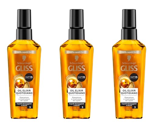 Schwarzkopf Gliss Oil Elixir Quotidiano, 3 confezioni da 75ml, Olio capelli nutriente e idratante arricchito con HAPTIQ System, Siero capelli danneggiati e secchi