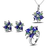 JESMING 925 Sterling Silver Plated Purple Leaf Flower Floral Plant Rings Colorful Enamel Jewelry Set
