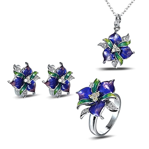 Jesming 925 Sterling Silver Plated Purple Leaf Flower Floral Plant Rings Colorful Enamel Jewelry Set Cz Simulated Diamond Sapphire Statement Ring For Women (Ring, 9) #TOP9