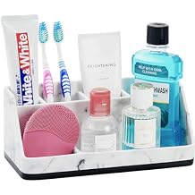 VITVITI Toothbrush Holder for Bathroom, Resin Bathroom Organizer Countertop Sink, Bathroom Counter Organizer Accessories 5 Compartment Storage for Toothpaste/Vanity, White Marble Color