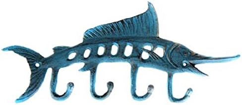 Cast Iron Blue Marlin Fish with 4 Hooks for Coat Caps and Keys 10" Long