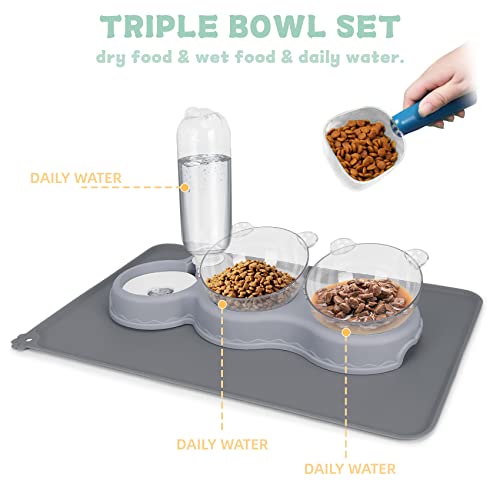 Triple Cat Bowls For Food And Water, Yecercan Plastic Raised Cat Food Bowls With Automatic Water Bottle & Waterproof Mat For Cat/Small Dogs, 3 In 1 Pet Feeder For Wet/Dry Food #TOP5