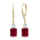 Gem Stone King 5.60 Ct Emerald Cut Red Created Ruby 18K Yellow Gold Plated Silver Earrings