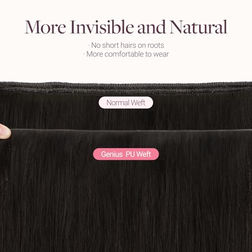 Image of GOO GOO Tape In Weft Hair Extensions Human Hair, Genius PU Long Weft Tape In Hair Extensions Real Human Hair, Silky Easy to Use, 1B Natural black 16 inch 100g