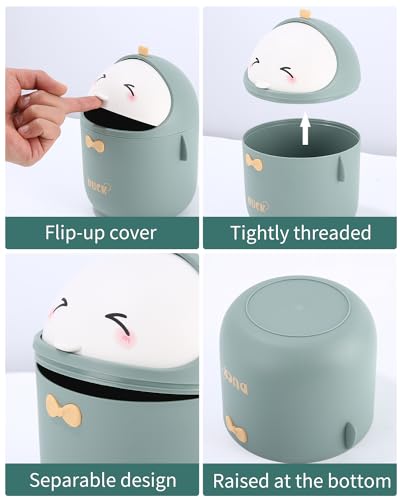 Huifoo Mini TischmüLleimer mit Deckel, Süße Cartoon Tisch Mülleimer, Cute Papierkorb Klein, Kawaii Deko, Aufbewahrungsbox, für BüRos, Kinderzimmer, Schminktisch, Wohnzimmer (Grün)