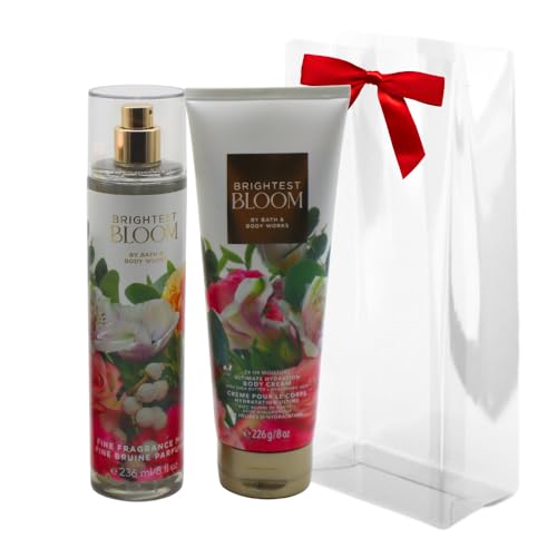 Bath & Body Works BRIGHTEST BLOOM Fine Fragrance Mist & Ultimate Hydration Body Cream 2-piece Gift Set with a Red Bow for Holidays Full Size